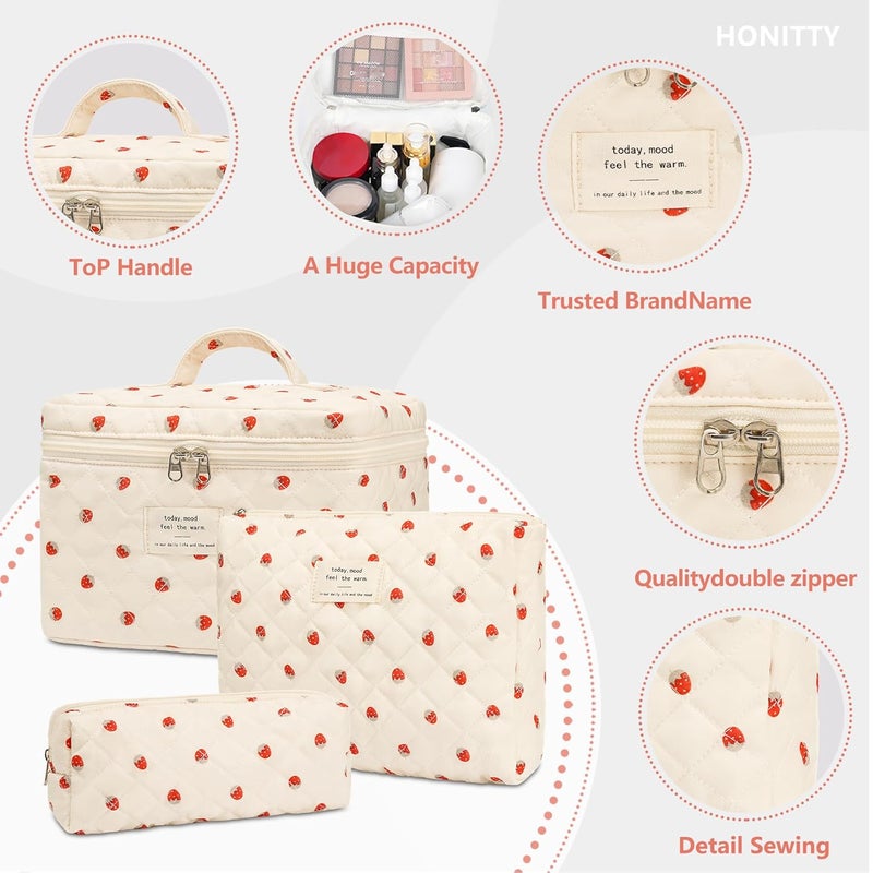 honitty Makeup Bag,Quilted Cosmetic Bags,Large Floral Make Up Organize bag,Makeup Bag Set for Women,Flower Travel Toiletry Bag - Image 3